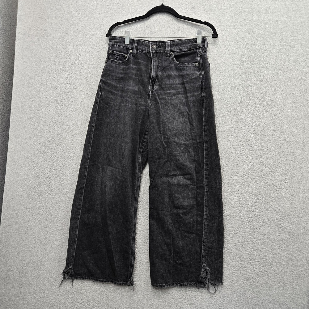 American Eagle Women‎ Jeans 6 Black Denim Wide Leg Distressed Raw Hem 25" Inseam